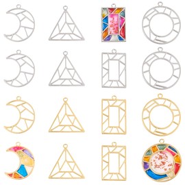 OLYCRAFT 32pcs Geometric Open Bezel Pendant 4 Styles Partially Open Back Bezel Partially Hollow Out Charm with 1 Roll Seamless Paper Tape -Platinum and Golden