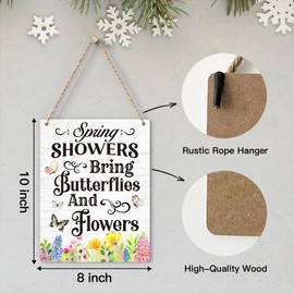Spring Decorations Door Sign for Home, Spring Showers Bring Butterflys And Flowers Hanging Sign for Rustic Farmhouse, Spring Front Door Wall Home Decor 8 X 10 Inch