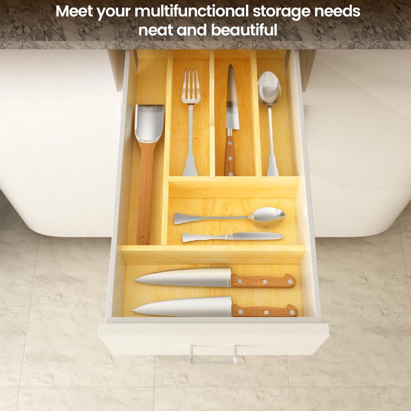 Evjocoh Silverware Drawer Organizer Wood with Adjustable Partition Utensil Cutlery