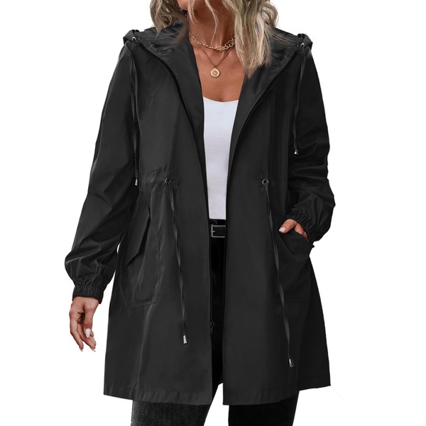 IN'VOLAND Women's Rain Jacket Plus Size Long Raincoat Lightweight Hooded