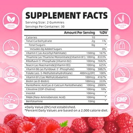 GrnLife Vitamin B Complex Gummies, All B Vitamins + Methyl B12, B1, B2, B3, B5, B6, Biotin, Methylfolate, Vitamin C, Choline, Inositol, PABA for Energy & Immune Support, Raspberry Flavor, 60 Count