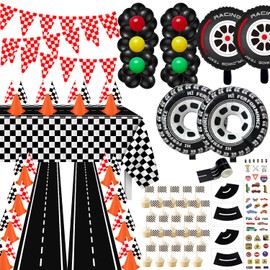 Race Car Party Supplies - 12 Traffic Cones With Holes on Top, 24 Checkered Flags, Checkered Race Car Party Tablecloth, Wheel Tire Balloons, Racetrack Floor Running Mat for Racing Party Decorations (A - Red)