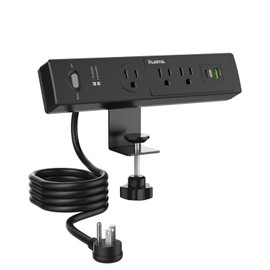 PLUGTUL Desk Clamp Power Strip 6FT, Outlet Station with 3 Outlets, PD 20W Fast Charging, Flat Plug, 14 Gauge, 980J Surge Protector, Black Power Strip with USB C, Fit 1.72" Tabletop Edge