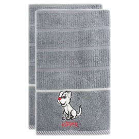 Rigg's 2 Pack Embroidered Kitchen Tea Towels Silver Grey 100% Absorbent Cotton (Kipper The Dog)