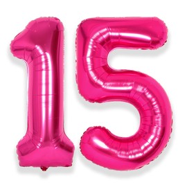 SUWEN 40 Inch Hot Pink Large 15 Number Balloons Big Foil Helium Number Balloons 0-9 Jumbo Happy 15th Mylar Birthday Party Decorations for Girl or Women 51 Anniversary Party Supplies