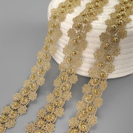 JSJSYO 3 Yards Gold Lace Ribbon with Beads Fabric Ribbon Beaded Border for Sewing Dresses Gowns