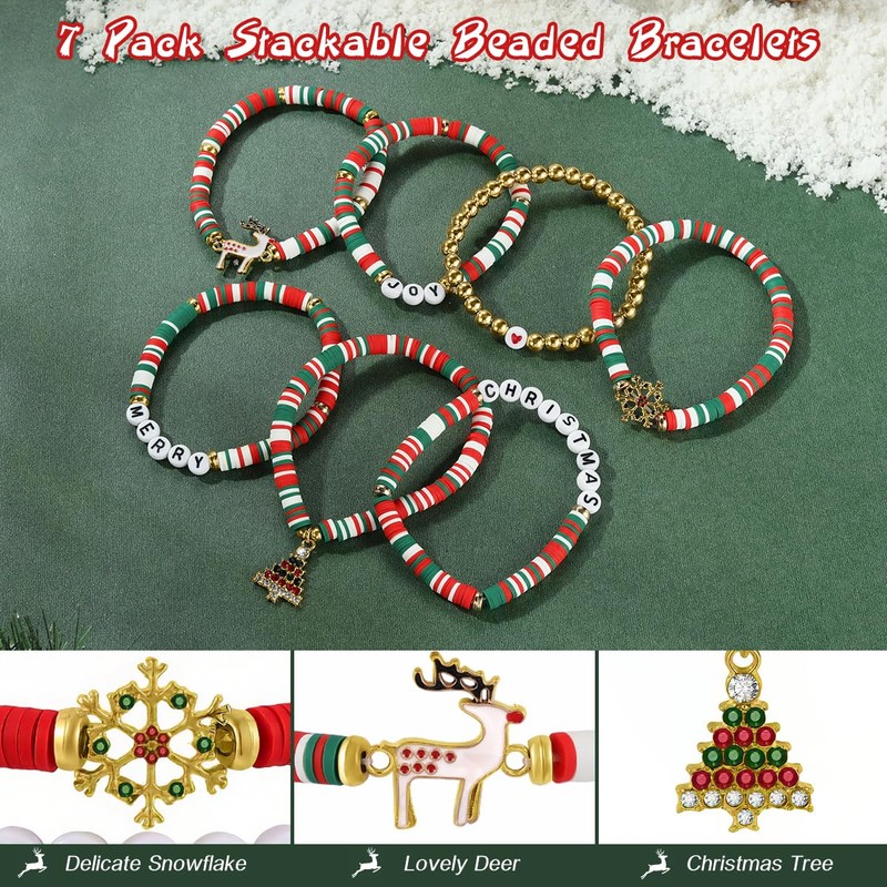 Emibele Christmas Clay Beaded Bracelets for Women 7pcs, Merry Christmas