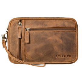 STILORD Sunny Men's Leather Wrist Bag with Double Chamber Clutch Handbag with Hand Strap Vintage Ideal for Festival City Travel Men's Handbag Genuine Leather, Sepia - Brown, travel bag