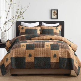 SahSahCasa 100% Cotton Quilt Set King Size, Farmhouse Reversible Rustic Lodge Cabin Quilt Bedspread Bedding Set, Lightweight Comforter for King Bed, Dark Green/Dark Brown