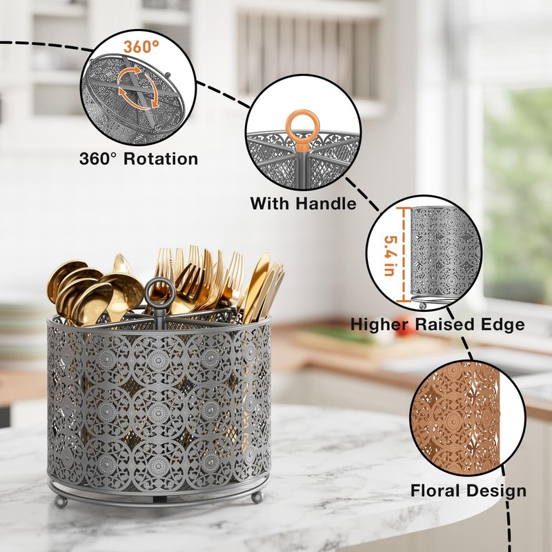 EKNITEY Rotating Utensil Caddy Countertop - Higher Raised Cutlery Caddy