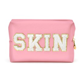 Y1tvei Preppy Patch SKIN White Letter Pink Cosmetic Toiletry Bag PU Leather Portable Makeup Bag Daily Use Storage Pouch Toiletry Purse Waterproof Organizer for Travel Varsity Women Girls Teens(Pink)