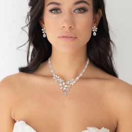 Clearine Pearl Tennnis Necklace Earrings Set Teardrop Cubic Zirconia Floral Simulated Pearl Cluster Jewellery Set for Bride Bridesmaid, Cubic Zirconia Simulated Pearl, Pearl