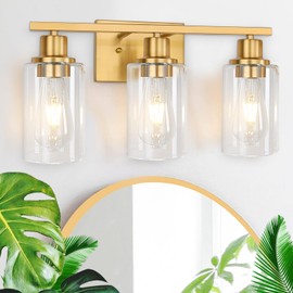Apenath Gold Bathroom Wall Lights Brushed Brass 3-Light Vanity Light Fixtures Modern Wall Sconces with Clear Glass Shade, Bathroom Wall Lamp for Mirror Kitchen Bedroom Hallway Cabinet Porch