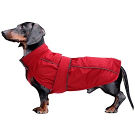 MOREZI Dachshund Raincoat, Waterproof Outer Layer, Fleece Lining, Reflective Trims, Adjustable Belt - Suitable for Small and Medium Dogs, Red, XS