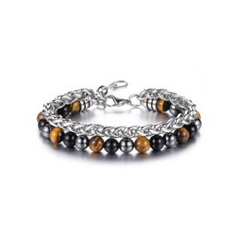CrystalTears Men's Tiger Eye Crystal Bracelet for Men, Mens Stainless Steel Chain Hematite Obsidian Gemstone Beaded Bracelet Protection Jewellery Gifts for Men Him Boyfriend Birthday Christmas