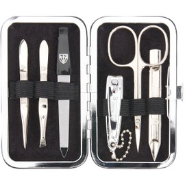 DREI SCHWERTER - Lucca 6-Piece Manicure Set | Nail Set in Real Leather Case | Contents: Cuticle Scissors, 2 Tweezers, Double Instrument, Nail Clippers, Sapphire Nail File - Brown