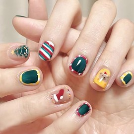 24Pcs Christmas Press on Nails Cute Cartoon Bear Fake Nails Fake Nails Christmas Tree Acrylic Nails Christmas Short Square False Nails Stick on Nails Acrylic Nails for Women Xmas Nail Art Decor