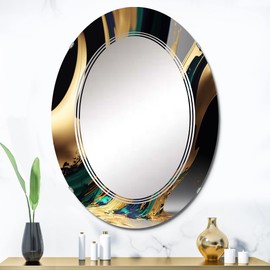 DesignQ Modern wall mirror, Oval Modern mirror, Round Green bathroom mirror, Abstract Transitional vanity mirror Agate in Green and Gold II printed mirror decor, oval mirror 24x36