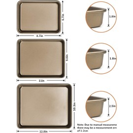 SuperMa 3 Pack Deep Baking Pans Set Nonstick Rectangular Cookie Sheets 9 11 13 Inch Baking Sheets for Baking Bread, Toaster Bakeware Gold