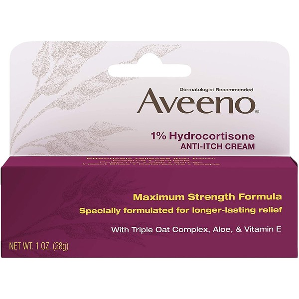 Aveeno Maximum Strength 1% Hydrocortisone Anti-Itch Cream with Pure Oat Essence, Triple Oat Complex, Aloe & Vitamin E, for Itch, Rash & Redness Relief, 1 oz Pack of 2