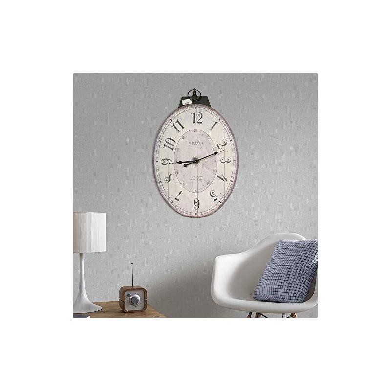 Benjara Distressed Oval Shape Wooden Wall Clock with Ring Hanger,