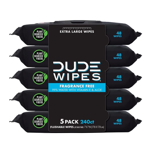 DUDE Wipes - Flushable Wipes - 5 Pack, 240 Wipes - Unscented Extra-Large Adult Wet Wipes - Vitamin-E & Aloe for at-Home Use - Septic and Sewer Safe