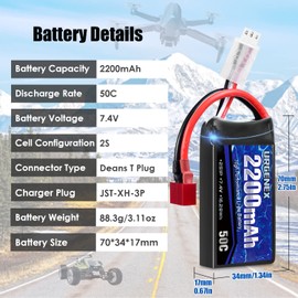 URGENEX 7.4V 2200mAh Lipo Battery 50C(Burst 80C) High Discharge Rate RC Batteries with Dean-Style T Plug Fit for RC Car Truggy, RC Airplane, FPV Drone, UAV Quadcopter and Helicopter