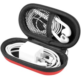 Earphone Case, RISETECH Earbud Carrying Case Holder EVA Headphone Storage Bag Small Zipper Pouch Compatible for EarPods, AirPods, Beats Flex, Urbeats3, Bose Wireless Earbuds, USB Cable, with Clip-Red