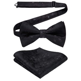 HISDERN Bow Ties for Men Solid Black Bow Tie Pre-tied White Dots Bowties and Pocket Square Set Formal Men's Bowtie for Wedding Party Graduation