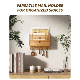 Rebee Vision Modern Farmhouse Mail Organizer with Drawer Organizer - Rustic Key and Mail Holder for Wall with 7 Key Hooks for Apartment Essentials - Aesthetic Home Decor (Light Brown)
