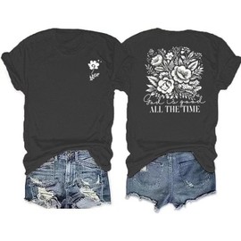 Retro Christian Jesus Faith T Shirts for Women Cross Pray Floral Printed Short Sleeve Inspirational Bible Verse Tee Tops (Medium, Gray-5)