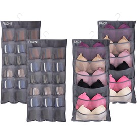 Ymemok 2Pcs Hanging Mesh Pockets Dual-Sided Closet Organizer for Underwear,Bra,Socks,Accessories with Hanger,Total 48 Pockets Grey