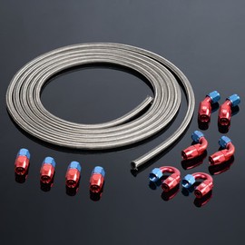 PIT66 AN10 16.4Ft Stainless Steel & Nylon Braided Fuel Line Hose + Fitting Hose End Adaptor Kit Silver (Tube OD: 21mm ID: 14mm)