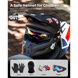 ILM Youth Dirt Bike Helmets with stickers Kids ATV Helmet Motocross BMX Off Road Motorbike with Goggles Gloves Mask DOT Model MT601Y-Stickers (Youth-XLarge, Matte Black)