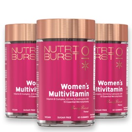 Nutriburst Women’s Multivitamin Multipack - Hormone Regulation & Collagen Formation - Contains 15 Micronutrients; B5, B6, B12, A, C, D - Vegan & Sugar Free - 3 x 60 Berry Gummies - 3 Mon Supply