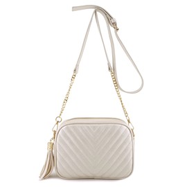 Simple Shoulder Crossbody Bag With Metal Chain Strap And Tassel Top Zipper (Pearl White)