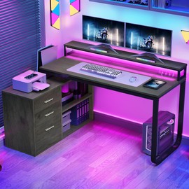 DWVO L Shaped Desk with Power Outlets, 55" Computer Desk with Drawers & LED Lights, Corner Desk Home Office Desk with File Cabinet, Grey