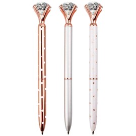 LONGKEY 3PCS Big Crystal Diamond Ballpoint Pen Bling Metal Ballpoint PenOffices and schools, silver/White With Polka Dots/Rose Gold With Polka Dots, Includes 3 Pen Refills