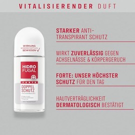 Hidrofugal FORTE DOPPEL SCHUTZ Roll-on, starker Antitranspirant Schutz gegen stress- und hitzebedingtes Schwitzen, Deo ohne Ethylalkohol mit vitalisierendem Duft (50 ml)