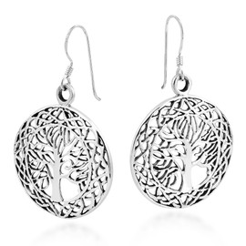 AeraVida Round Tree of Life Celtic Frame Sterling Silver Dangle Earrings | Elegant Nature-Inspired Spiritual Jewelry for Women