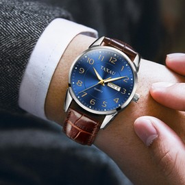 Taxau Men's Watch Leather Men's Watch Leather Strap Watches Men's Large Dial Day Date Men's Watch Waterproof Watch Casual Business Watch for Men, 8405-Brown Leather and Blue, The watch can be