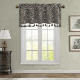 Loom and Mill Elegant Damask Valances for Living Room Window, Classic Acanthus Chenille Jacquard Window Treatment Valances with Tassels, Rod Pocket Short Curtain 1 Panel, 54” x 18”, Blue-Grey+Khaki