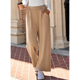 EVALESS Womens Khaki Work Pants Wide Leg High Waisted Business Casual Slacks Ladies Loose Stretchy Straight Double Button Pleated Petite Dress Trousers Fall Fashion 2025 Pants with Pockets Small