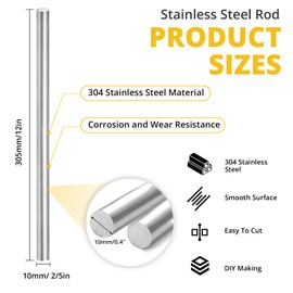 4 PCS 10mm x 305mm 304 Stainless Steel Rods,Phiowocx 2/5” x 12” Metal Round Solid Rod Bar,Smooth Steel Shaft Rods for DIY Craft Model,Industry,Plane/Ship Model,Metal Working Hobbies(10 x 305mm)