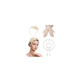 SOMEITIA Fascinators Hats for Women Tea Party Feather Headband Headwear Fascinator 1920s Lace Gloves Pearl Necklace Earring Jewelry Set for Wedding Funeral Beige