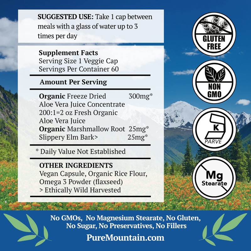 Pure Mountain Botanicals Aloe Vera Plus Capsules. 200:1 Extract. Kosher