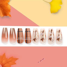 Thanksgiving Press on Nails Long Length Maple Leaves False Nails with Glitter Sequins Design Brown Gradient Acrylic Nails Full Cover Coffin Nails Reusable Glue on Nails for Women Festival Nails