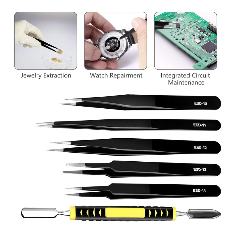 Cisixin 12-Piece Stainless Steel Precision Tweezers Set, Precise Tweezers, Multifunctional