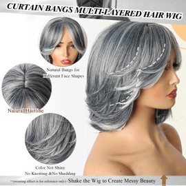 Aisaide Silver Wig Layered Wig with Curtain Bangs for Women Light Grey Synthetic Short Bob Straight Gray Ombre Wig Highlighted Pixie Cut Wig for Daily Use