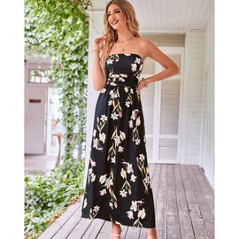 GRACE KARIN Women Strapless Dress Casual Loose Ruched Long Maxi Dress with Pockets Floral Black